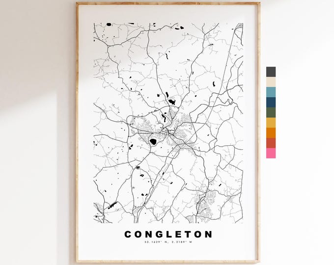 Congleton Map Print - Minimalist City Map Poster - Map Art - UK - Congleton Print - Congleton, Cheshire - Different Colours Available