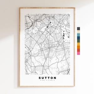 Impresión de mapa de Sutton - Póster minimalista de mapa urbano - Arte cartográfico - Reino Unido - Impresión de Sutton - Sutton, Londres - Diferentes colores disponibles