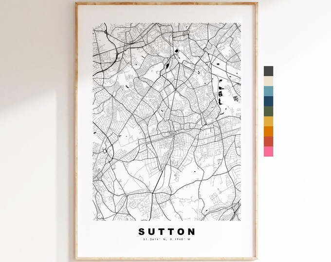 Sutton Map Print - Minimalist City Map Poster - Map Art - UK - Sutton Print - Sutton, London - Different Colours Available