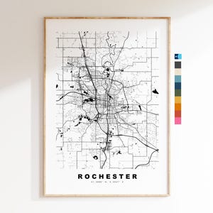 Rochester Carte de la ville Imprimer - impression de carte - art de la carte - estampes ou impressions encadrées - minimaliste - États-Unis