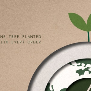 May include: A brown paper background with the text "ONE TREE PLANTED WITH EVERY ORDER" in black. A green sprout with two leaves is growing out of a paper cutout of the Earth.