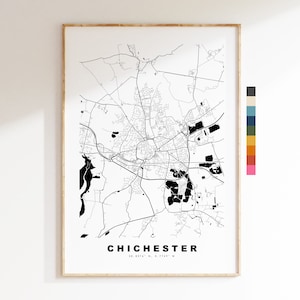Impresión de mapa de Chichester - Póster de mapa de ciudad minimalista - Arte de pared con mapas - Reino Unido - Impresión de Chichester - Póster de Chichester - Diferentes colores disponibles