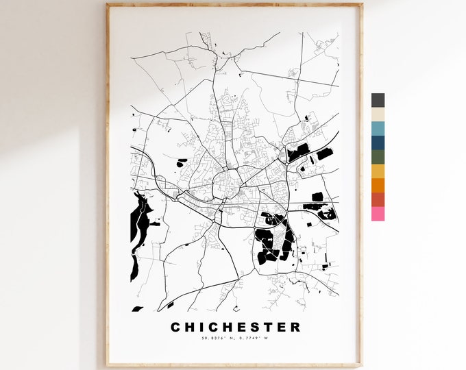 Chichester Map Print - Minimalist City Map Poster - Map Wall Art - UK - Chichester Print - Chichester Poster - Different Colours Available