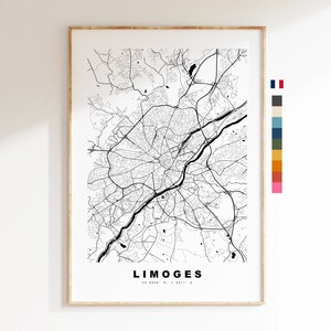 Limoges Impresión de mapas de la ciudad - Mapa de la ciudad minimalista - Arte de la pared del mapa - Impresiones o impresiones enmarcadas