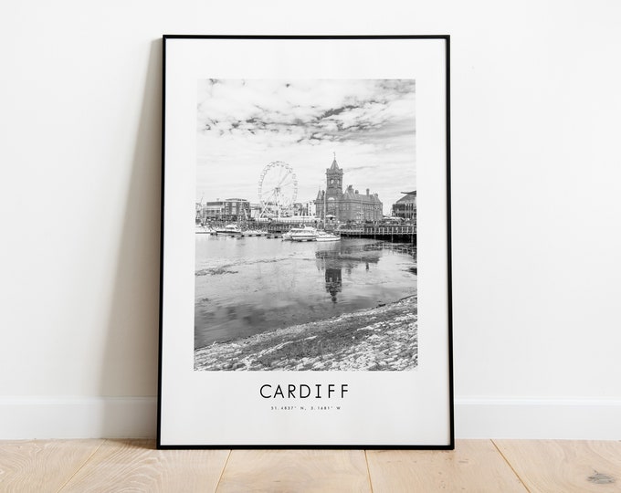 Cardiff City Poster Print - Black and White Minimalist City Print - Coordinates - Cardiff Poster - Cardiff Art Print - Poster - UK - Wales