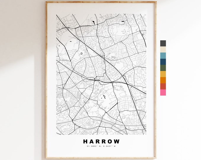 Harrow Map Print - Minimalist City Map Poster - Map Art - London, UK - Harrow Print - Harrow Poster - Different Colours Available