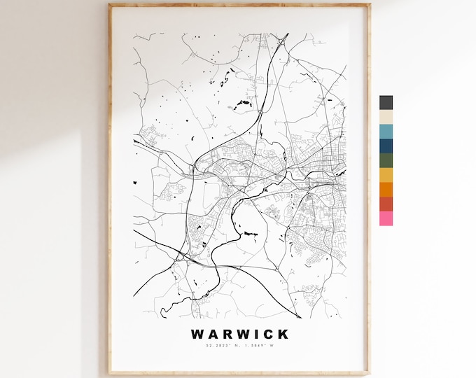 Warwick Map Print - Minimalist City Map Poster - Map Art - UK - Warwick Print - Warwick Poster - Different Colours Available
