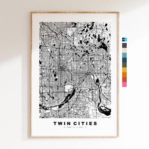 Twin Cities Carte de la ville Imprimer - impression de carte - art de la carte - estampes ou impressions encadrées  - États-Unis