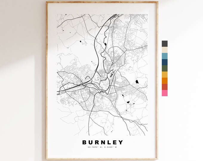 Burnley Map Print - Minimalist City Map Poster - Map Wall Art - UK - Burnley Print - Burnley Poster - Different Colours Available