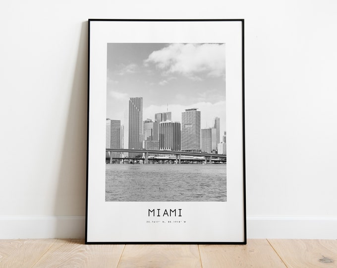 Miami City Poster Print - Black and White Minimalist City Print - Coordinates - Miami Poster - Miami Art Print - Living Room Art - Coastal