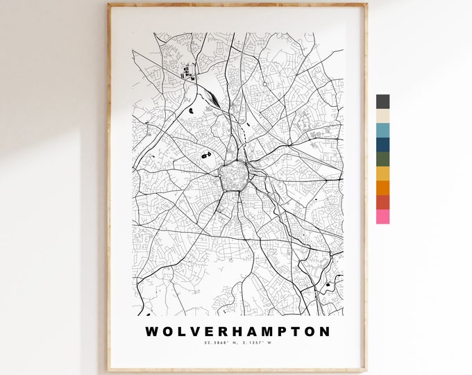 Wolverhampton Map Print - Minimalist City Map Poster - Map Art - UK - Wolverhampton Print - Poster - Different Colours Available