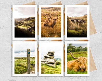 Peak District Greeting Card Set - 6x Greeting Cards - Blank Inside - Peak District Cards - Card Pack - Nature - Stag - Highland Cow