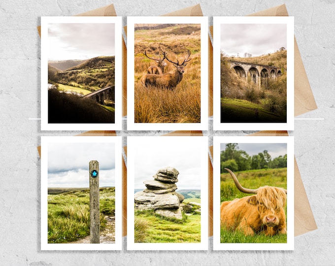 Peak District Greeting Card Set - 6x Greeting Cards - Blank Inside - Peak District Cards - Card Pack - Nature - Stag - Highland Cow