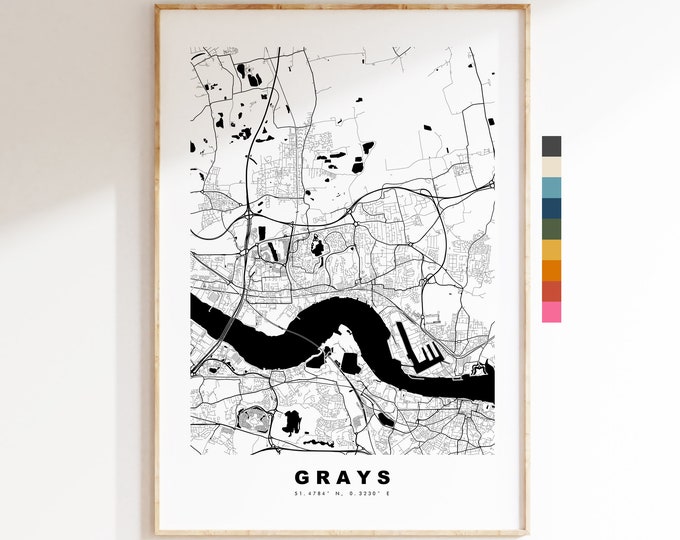 Grays Map Print - Minimalist City Map Poster - Map Art - UK - Grays Print - Grays, Essex Poster - Different Colours Available