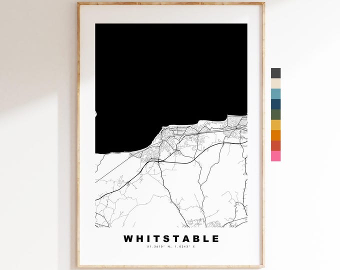 Whitstable Map Print - Minimalist City Map Poster - Map Art - UK - Whitstable Print - Whitstable, Kent - Different Colours Available