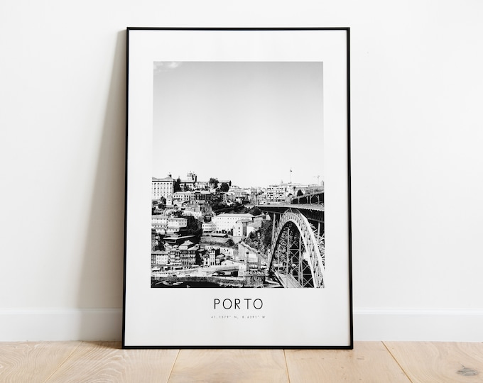 Porto City Poster Print - Black and White Minimalist City Print - Coordinates - Porto Poster - Porto Art Print - OPorto - Portugal - Gift