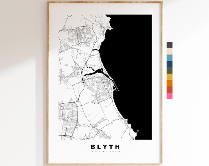 Blyth Map Print - Minimalist City Map Poster - Map Art - UK - Blyth Print - Blyth, Northumberland - Different Colours Available
