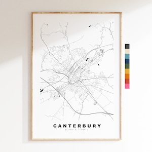 Impresión de mapa de Canterbury - Póster de mapa de ciudad minimalista - Arte de pared con mapas - Reino Unido - Impresión de Canterbury - Póster de Canterbury - Diferentes colores disponibles