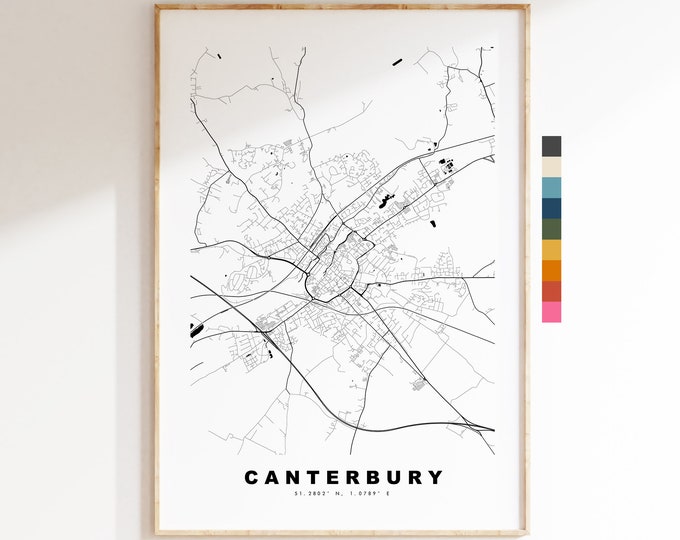 Canterbury Map Print - Minimalist City Map Poster - Map Wall Art - UK - Canterbury Print - Canterbury Poster - Different Colours Available
