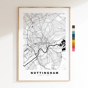 Impresión de mapa de Nottingham - Póster de mapa de ciudad minimalista - Arte de mapas - Reino Unido - Impresión de Nottingham - Póster de Nottingham - Diferentes colores disponibles