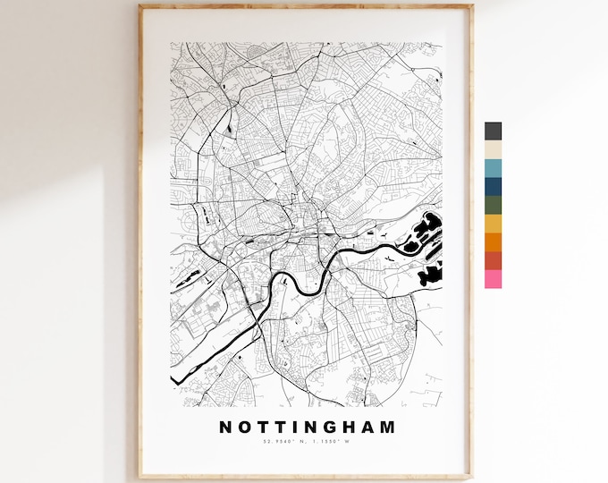 Nottingham Map Print - Minimalist City Map Poster - Map Art - UK - Nottingham Print - Nottingham Poster - Different Colours Available