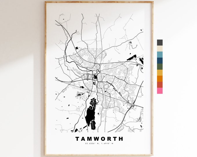 Tamworth Map Print - Minimalist City Map Poster - Map Art - UK - Tamworth Print - Tamworth Poster - Different Colours Available