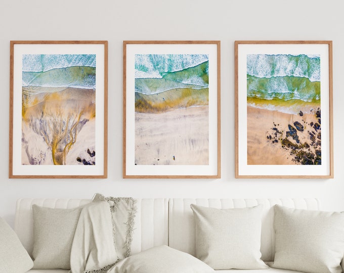 Beach Print Set - Coastal Photography Print Set - Beach Posters - Aerial Photography - Cornwall - Yellow - Blue - Modern - Minimalist - Art