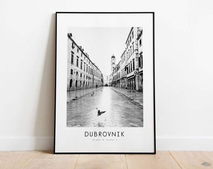 Dubrovnik City Poster Print - Black and White Minimalist City Print - Coordinates - Dubrovnik Poster - Dubrovnik Art Print - Croatia - Gift