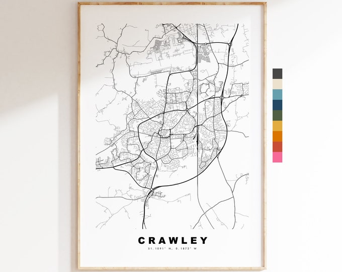 Crawley Map Print - Minimalist City Map Poster - Map Wall Art - UK - Crawley Print - Crawley Poster - Different Colours Available