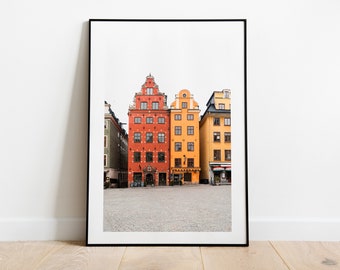 Stortorget Print - Gamla Stan - Stockholm - Street Photography - Street Scene - Old Town - Red - Yellow - Neutral Wall Art - Gable Houses