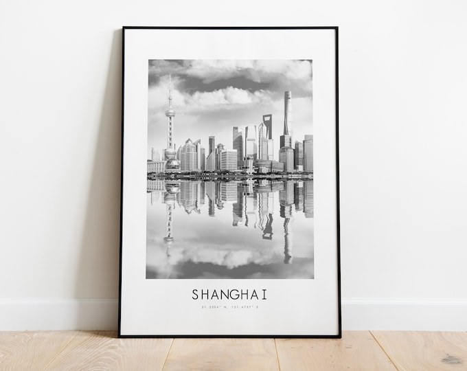 Shanghai City Poster Print - Black and White Minimalist City Print - Coordinates - Shanghai Poster - Shanghai Art Print - China - Gift