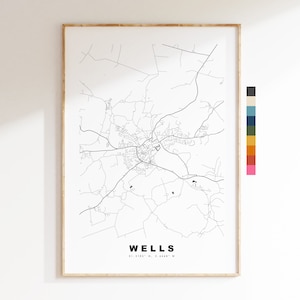 Impresión del mapa de Wells - Póster minimalista de mapa urbano - Arte cartográfico - Reino Unido - Impresión de Wells - Póster de Wells - Disponible en varios colores
