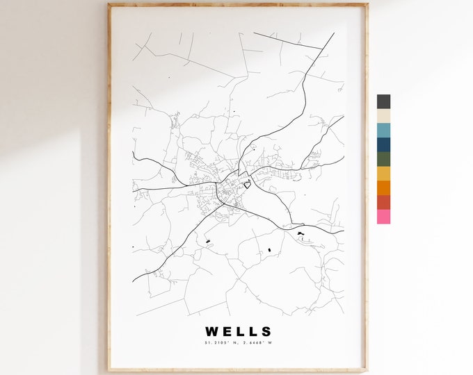 Wells Map Print - Minimalist City Map Poster - Map Art - UK - Wells Print - Wells Poster - Different Colours Available