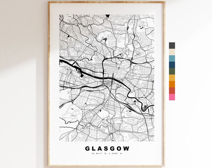 Glasgow Map Print - Minimalist City Map Poster - Map Wall Art - Scotland - Glasgow Print - Glasgow Poster - Different Colours Available