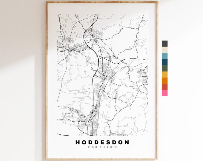 Hoddesdon Map Print - Minimalist City Map Poster - Map Art - UK - Hoddesdon Print - Hoddesdon, Hertfordshire - Different Colours Available