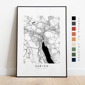 Impressão de mapa de Zurique - pôster de mapa da cidade - arte de mapa - arte de parede de mapa - mapa da cidade da Suíça - impressão de Zurique - pôster de Zurique - arte de parede - Europa