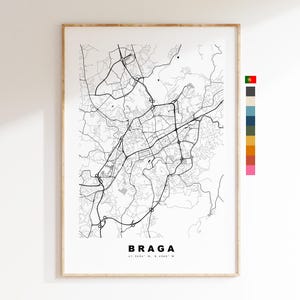 Braga Carte de la ville Imprimer - impression de carte - art de la carte - impressions ou impressions encadrées - minimaliste - Portugal