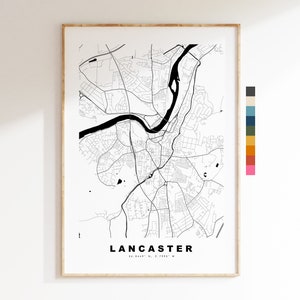 Impresión de mapa de Lancaster - Póster de mapa de ciudad minimalista - Arte de pared con mapas - Reino Unido - Impresión de Lancaster - Póster de Lancaster - Diferentes colores disponibles