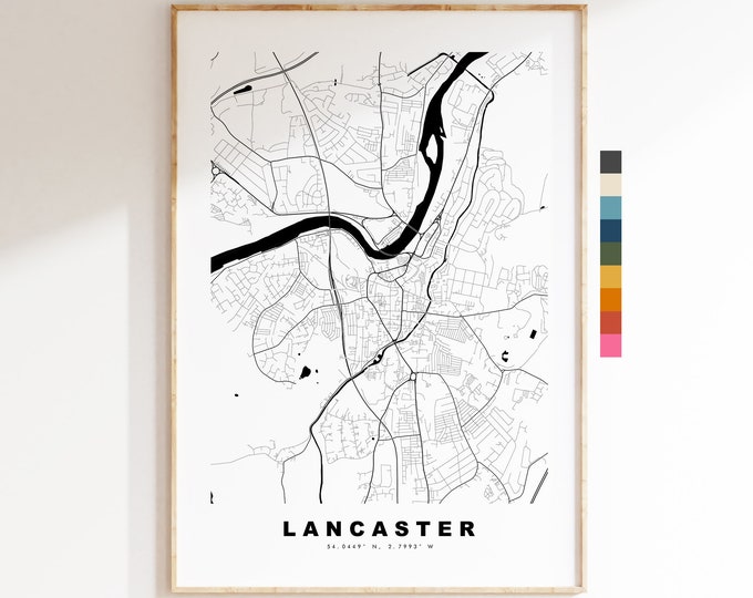 Lancaster Map Print - Minimalist City Map Poster - Map Wall Art - UK - Lancaster Print - Lancaster Poster - Different Colours Available