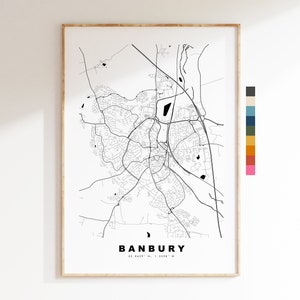 Impressão de mapa de Banbury - pôster de mapa de cidade minimalista - arte de parede de mapa - Reino Unido - impressão de Banbury - pôster de Banbury - cores diferentes disponíveis