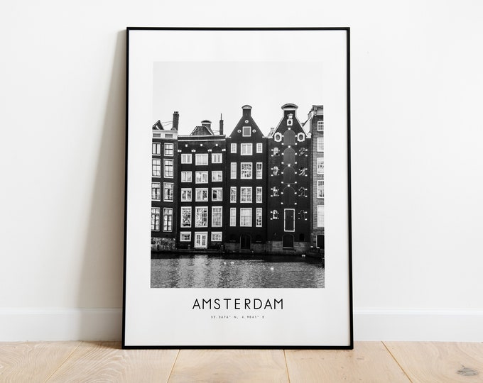 Amsterdam City Poster Print - Black and White Minimalist City Print - Coordinates - Amsterdam Map - Amsterdam Art Print - Netherlands - Gift