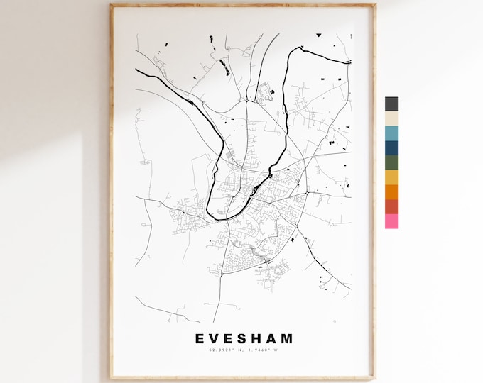 Evesham Map Print - Minimalist City Map Poster - Map Wall Art - UK - Evesham Print - Evesham Poster - Different Colours Available