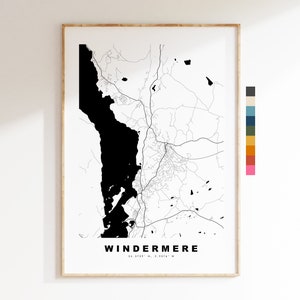 Impresión de mapa de Windermere - Póster de mapa de ciudad minimalista - Arte de mapas - Reino Unido - Impresión de Windermere - Póster de Windermere - Diferentes colores disponibles