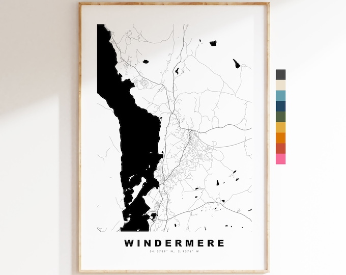 Windermere Map Print - Minimalist City Map Poster - Map Art - UK - Windermere Print - Windermere Poster - Different Colours Available