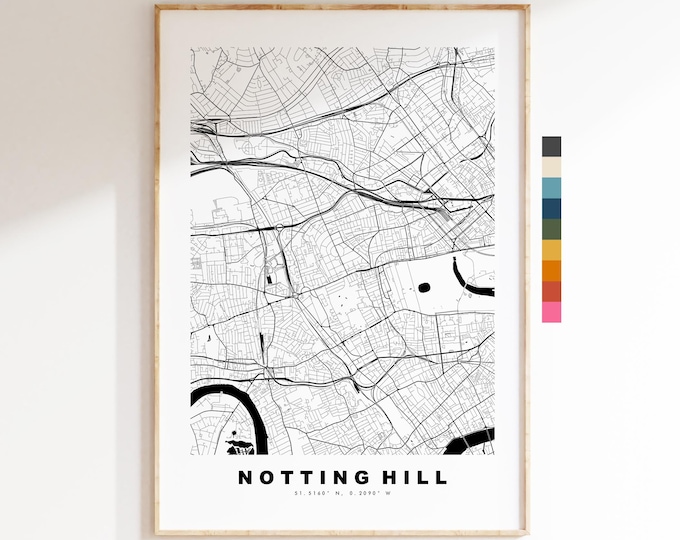 Notting Hill Map Print - Minimalist City Map Poster - Map Art - UK - Notting Hill Print - Notting Hill, London - Different Colours Available