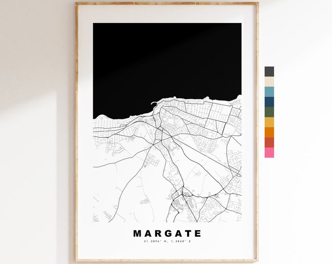 Margate Map Print - Minimalist City Map Poster - Map Wall Art - UK - Margate Print - Margate Poster - Different Colours Available