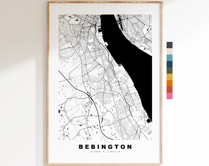 Bebington Map Print - Minimalist City Map Poster - Map Art - UK - Bebington Print - Bebington Poster - Different Colours Available