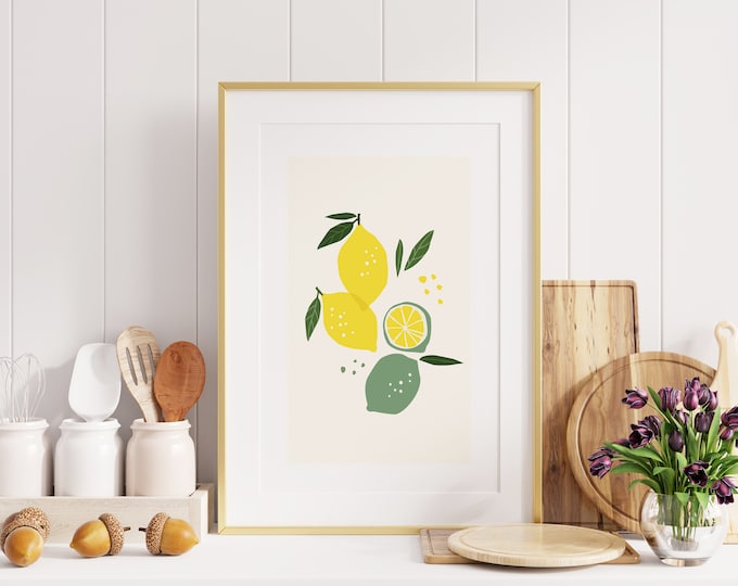 Lemons Print - Kitchen Wall Art - Lemon Poster - Lemon Wall Art - Peach Print - Food Posters - Fruit Illustration - Kitchen Print