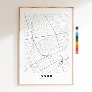 Impresión de mapa de Soho - Póster de mapa de ciudad minimalista - Arte de mapas - Londres, Reino Unido - Impresión de Soho - Póster de Soho - Diferentes colores disponibles