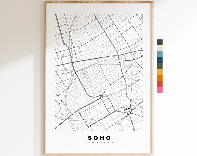 Soho Map Print - Minimalist City Map Poster - Map Art - London, UK - Soho Print - Soho Poster - Different Colours Available